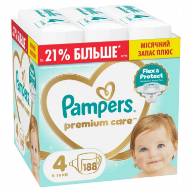Подгузники Pampers Premium Care Розмір 4 (9-14 кг) 188 шт (8006530223829) (22510)