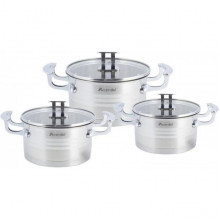 Набір 3 каструлі Kamille Casserote 1.7л, 2.4л, 3.1л з нержавіючої сталі зі скляними кришками (1120)