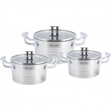 Набір 3 каструлі Kamille Casserote 1.7л, 2.4л, 3.1л з нержавіючої сталі зі скляними кришками (1120)