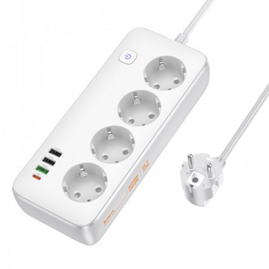 Мережевий подовжувач HOCO AC22 Sunlight 4-bit (PD30W/1C3A) desktop socket (EU/GER) (1.5 m) White (6942007629799) (19790)