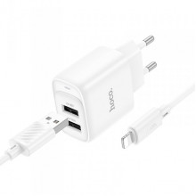 Мережевий зарядний пристрій з кабелем HOCO C141A Smart dual-port charger set(iP) White (6942007627870) (501)