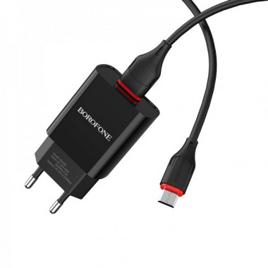 Мережевий зарядний пристрій з кабелем BOROFONE BA20A Sharp single port charger set(Micro) 10.5W Black (6931474702135) (421)