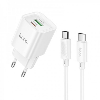 Мережевий зарядний пристрій з кабелем HOCO C147A Charm PD20W+QC3.0 charger set (C to C)(EU) White (6942007630290) (19831)