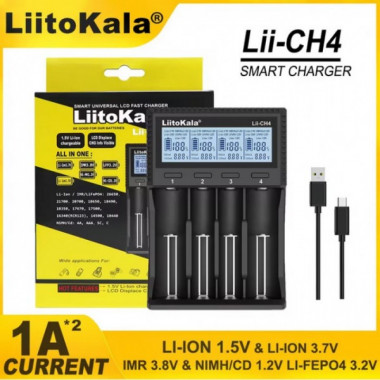 Зарядное устройство для Liitokala Lii-CH4, 4 канала, Li-1.5/Ni-Mh/Li-ion/LiFePO4/Li-HiV, USB-C, LCD (22341)