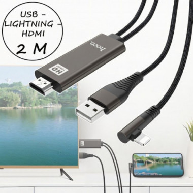 Кабель-адаптер HOCO UA14 USB - Lightning - HDMI, 2 м, 1080P HD (21781)