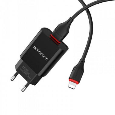 Мережевий зарядний пристрій з кабелем BOROFONE BA20A Sharp single port charger set(Lightning) 10.5W Black (6931474702128) (432)