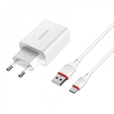 Мережевий зарядний пристрій з кабелем BOROFONE BA21A Long journey single port QC3.0 charger set(Type-C) 18W White (6931474702487) (14832)