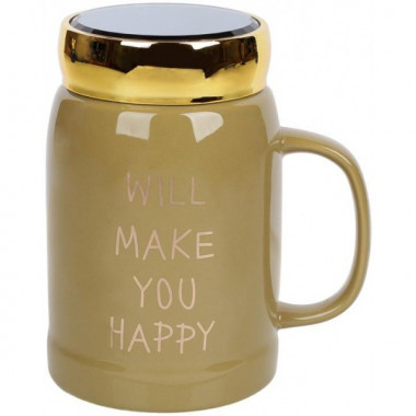 Кружка порцелянова "Will make you happy" 550мл з кришкою, колір хакі (3832)