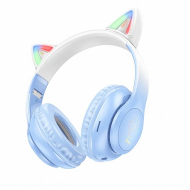 Наушники Hoco W42 Cat Ear Bluetooth с кошачьими ушками и LED подсветкой Голубые с белым (18452)