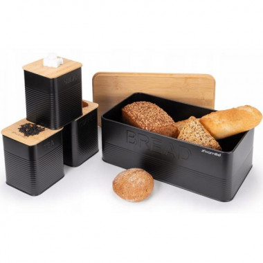 Хлібниця Kamille Black&Wood 36х22х20см з дерев'яною кришкою + 3 ємності для зберігання, чорна (3182)