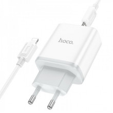 Мережевий зарядний пристрій з кабелем HOCO C105A Stage dual port PD20W+QC3.0 charger set (C to iP)(EU) White (6931474782939) (20203)
