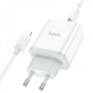 Мережевий зарядний пристрій з кабелем HOCO C105A Stage dual port PD20W+QC3.0 charger set (C to iP)(EU) White (6931474782939) (20203)