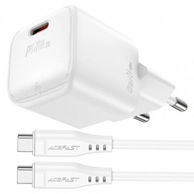Мережевий зарядний пристрій з кабелем ACEFAST A77 mini PD30W GaN single USB-C charger set (C3-03) White (6974316282853) (403)