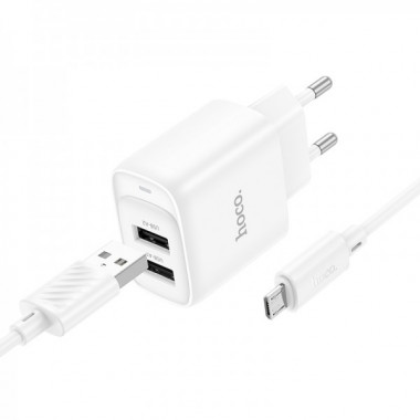 Мережевий зарядний пристрій з кабелем HOCO C141A Smart dual-port charger set(Micro) White (6942007627894) (503)