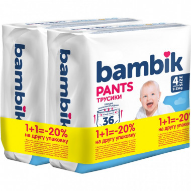 Подгузники Bambik Трусики 9-15 кг Размер 4 2 х 36 шт (4823071664010) (7703)