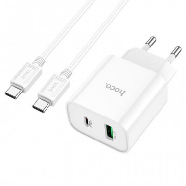 Мережевий зарядний пристрій з кабелем HOCO C80A Plus Rapido PD20W+QC3.0 charger set(Type-C to Type-C) White (6931474779908) (19823)
