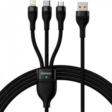 Кабель Baseus Flash Series Ⅱ One-for-three Fast Charging Data Cable USB to M+L+C 66W 1.2m Black (CASS040001) (14923)