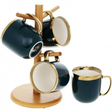 Чайний набір "Золота Лінія" 4 кружки 320мл на бамбуковій стійці, темно-зелений (3923)