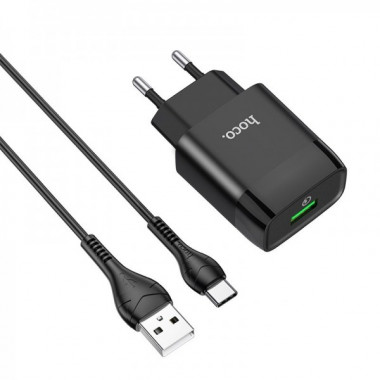 Мережевий зарядний пристрій з кабелем HOCO C72Q Glorious single port QC3.0 charger set(Type-C) 18W  Black (6931474732545) (15043)