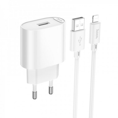Мережевий зарядний пристрій з кабелем HOCO C109A(10.5W) Fighter single port charger set(iP) White (6942007656597) (543)