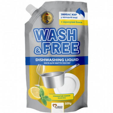 Средство для ручного мытья посуды Wash&Free Сочный лимон и мята Дой-пак 500 г (4823128001317) (7453)