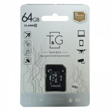 Карта памяти MicroSDHC 64GB UHS-1 Class 10 T&G С адаптером (17963)