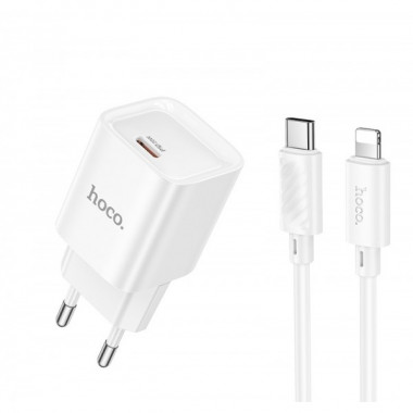 Мережевий зарядний пристрій з кабелем HOCO C146A Charm single port PD20W charger set (C to iP) (EU) White (6942007630252) (20204)