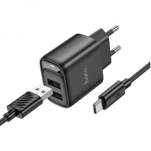 Мережевий зарядний пристрій з кабелем HOCO C141A Smart dual-port charger set(Type-C) Black (6942007627900) (504)