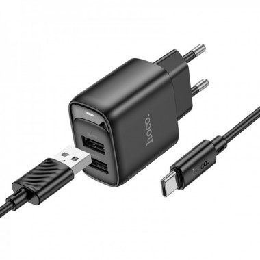 Мережевий зарядний пристрій з кабелем HOCO C141A Smart dual-port charger set(Type-C) Black (6942007627900) (504)