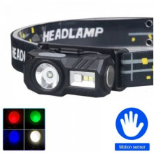 Фонарь налобный аккумуляторный T131-XPE+3SMD (Red+Green+Blue+UV), ЗУ Type C, с датчиком движения фонарик (19124)