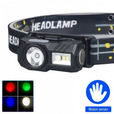 Фонарь налобный аккумуляторный T131-XPE+3SMD (Red+Green+Blue+UV), ЗУ Type C, с датчиком движения фонарик (19124)