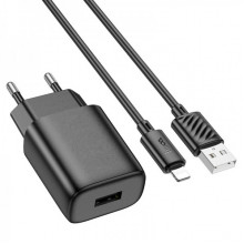 Мережевий зарядний пристрій з кабелем HOCO C134A Solid single-port charger set (iP) (EU) Black (6942007621311) (534)