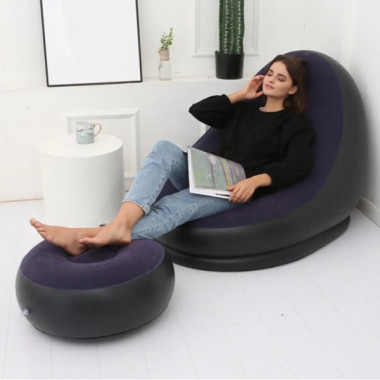 Надувное кресло диван 2в1 с пуфиком для ног A-Sofa до 150 кг Чёрный с фиолетовым (20734)