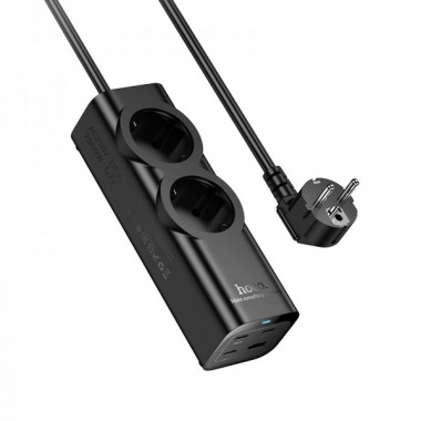 Мережевий подовжувач HOCO NS10 Wisdom 2-position (PD67W/3C1A) desktop socket (EU/GER) Black (6942007638500) (18934)
