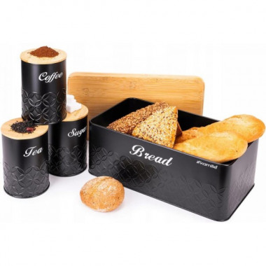 Хлібниця Kamille Black&Wood 36х22х20см з дерев'яною кришкою + 3 ємності для зберігання, чорні (3184)