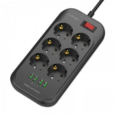 Сетевой фильтр удлинитель 6 розеток с 4 USB 2м с защитой и заземлением LDNIO SE 6403 2500W 10A Черный (9284)