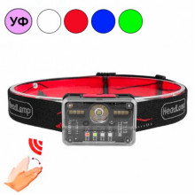 Фонарь налобный аккумуляторный M-006 XPG+8SMD+4SMD с сенсорным управлением, красный, синий, зеленый, белый, ультрофиолет (19594)