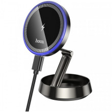 Автотримач для телефона з БЗП HOCO HW33 Metal ring magnetic wireless fast charging car holder (center console) Metal Grey (6942007647946) (20125)