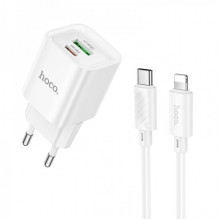Мережевий зарядний пристрій з кабелем HOCO C147A Charm PD20W+QC3.0 charger set (C to iP)(EU) White (6942007630283) (19825)