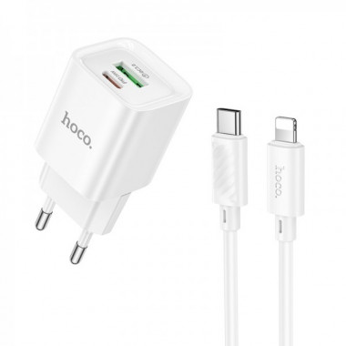 Мережевий зарядний пристрій з кабелем HOCO C147A Charm PD20W+QC3.0 charger set (C to iP)(EU) White (6942007630283) (19825)