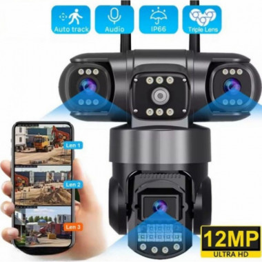 Уличная поворотная SC-28-4G камера видеонаблюдения на сим-карте V380PRO на три линзы 12MP (18835)