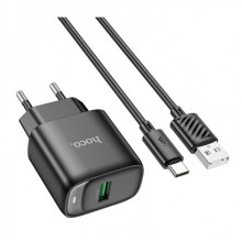 Мережевий зарядний пристрій з кабелем HOCO C140A Smart single port QC3.0 charger set(Type-C)(EU) Black (6942007627825) (19835)