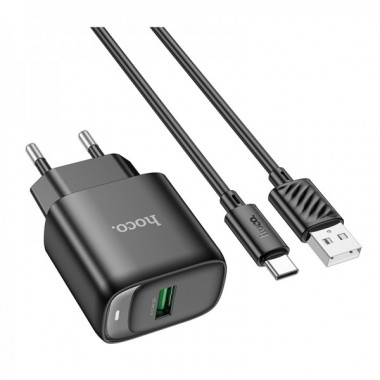 Мережевий зарядний пристрій з кабелем HOCO C140A Smart single port QC3.0 charger set(Type-C)(EU) Black (6942007627825) (19835)