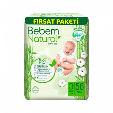 Подгузники Bebem Natural 3 midi 4-9 кг 56 шт (8690536831951) (10745)