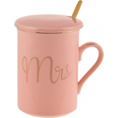 Кружка порцелянова Coffee Prelude "Mrs" 380мл з кришкою та ложкою, рожева (3945)