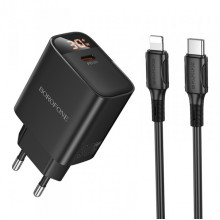 Мережевий зарядний пристрій з кабелем BOROFONE BA97A Ilustre single-port PD30W charger with digital display set (C to iP) (EU) Black (6941991120497) (375)