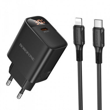 Мережевий зарядний пристрій з кабелем BOROFONE BA97A Ilustre single-port PD30W charger with digital display set (C to iP) (EU) Black (6941991120497) (375)