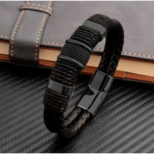 Браслет мужской кожаный AVALON ALL BLACK черный 17-19 см (длина 21 см) (2123190635)