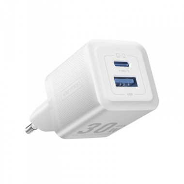 Мережевий зарядний пристрій Vention 2-Port USB (C + A) GaN Charger (30W/30W) EU-Plug White (FEQW0-EU) (416)