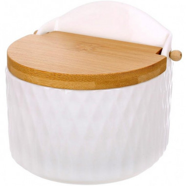 Цукорниця (сільниця) порцелянова Ceram Bamboo 12х11см з відкидною дерев'яною кришкою (2726)